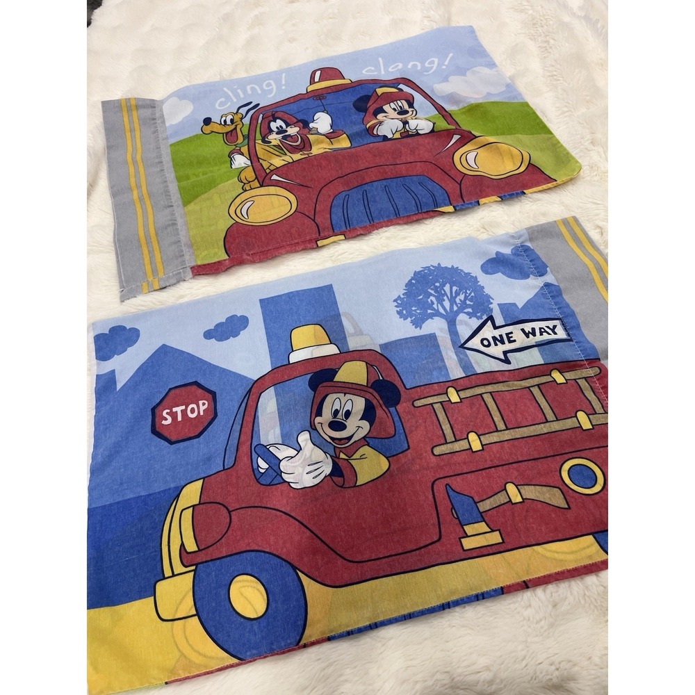 Mickey Mouse & Goofy Fireman Vintage Fabric Pillow Case Disney Set 2